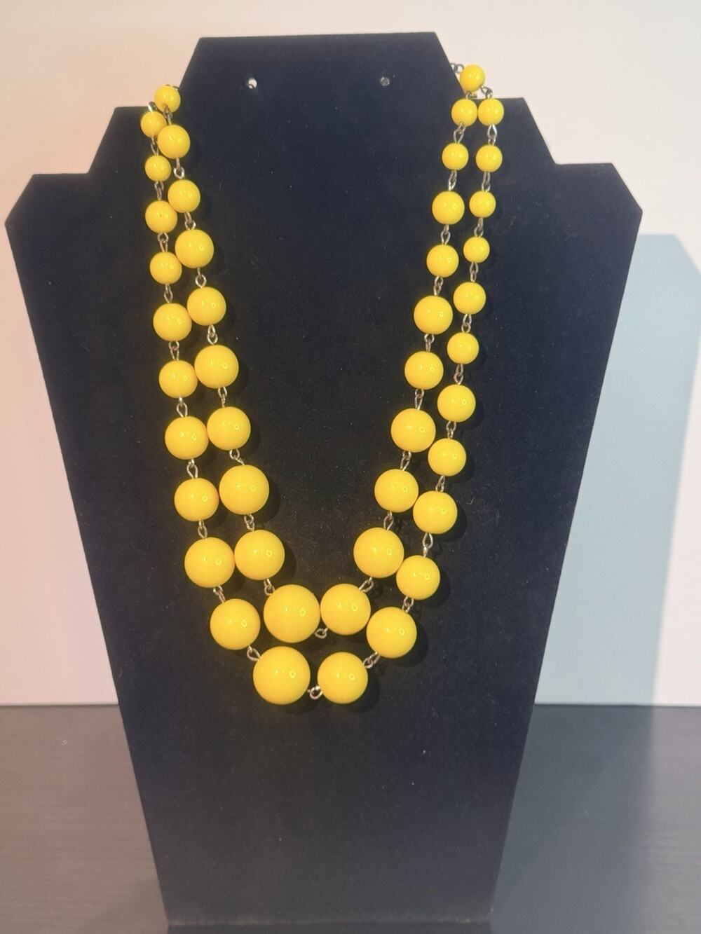 Vintage Yellow Acrylic Bead Double Strand Layered Statement Necklace Adjustable